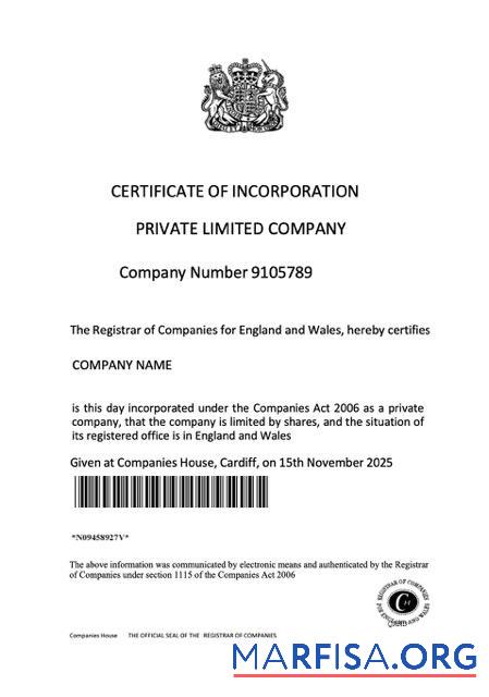 Blank UK certificate of incorporation of a private limited company Word and PDF template, version 2